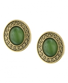 Spruce up in serene, jade-colored studs. 2028's pretty oval button earrings feature Greek key edges in gold tone mixed metal with a green cabochon stone at center. Approximate diameter: 3/4 inch. Spruce up in serene, jade-colored studs. 2028's pretty oval button earrings feature Greek key edges in gold tone mixed metal with a green cabochon stone at center. Approximate diameter: 3/4 inch.