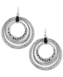Add alluring dimension to your collection with these triple-hoop earrings from 2028. With intricate detail and jet black enamel accents. Set in silver tone mixed metal. Approximate drop length: 2-1/4 inches. Approximate drop diameter: 1/1-2 inches. Add alluring dimension to your collection with these triple-hoop earrings from 2028. With intricate detail and jet black enamel accents. Set in silver tone mixed metal. Approximate drop length: 2-1/4 inches. Approximate drop diameter: 1/1-2 inches.