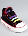 Converse updates the classic b-ball sneaker with multicolor stretch laces and bold colored topstitching.