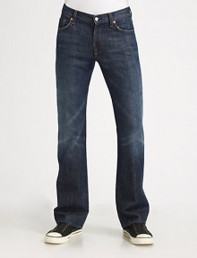Classic five-pocket Italian cotton denim in New York wash, a dark blue with fading and whiskering details. Zip fly Slim-fit narrows at knee, opens to bootcut hem Signature squiggle stitching on back pockets Inseam, about 33¼ Cotton Machine wash Made in USA Classic five-pocket Italian cotton denim in New York wash, a dark blue with fading and whiskering details. Zip fly Slim-fit narrows at knee, opens to bootcut hem Signature squiggle stitching on back pockets Inseam, about 33¼ Cotton Machine wash Made in USA