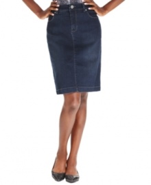 A classic pencil skirt silhouette is given a denim makeover, from Style&co.