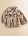 Plush, cozy faux fur topper with grosgrain ribbon bow and front snap closure for your budding fashionista.Fold over collarLong sleevesSnap-front closure with bowModacrylicDry cleanImported Please note: Number of snaps may vary depending on size ordered. 