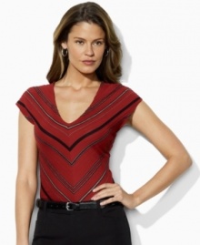 Sleek cap sleeves and textured chevron stripes elevate Lauren by Ralph Lauren's classic cotton tee to style-maker status. Sleek cap sleeves and textured chevron stripes elevate Lauren by Ralph Lauren's classic cotton tee to style-maker status.