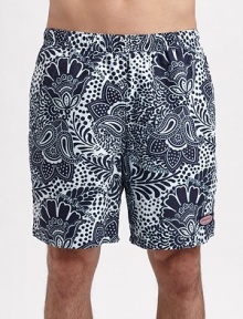 An eye-catching contrast paisley pattern lends modern style to an easy-fitting swim favorite. Elastic waist with internal drawstring Side slash, back patch pockets Mesh lining Inseam, about 7 Polyester Machine wash Imported An eye-catching contrast paisley pattern lends modern style to an easy-fitting swim favorite. Elastic waist with internal drawstring Side slash, back patch pockets Mesh lining Inseam, about 7 Polyester Machine wash Imported