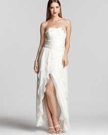 A gorgeously draped, rhinestone-embellished bodice tops off a multi-tiered skirt in this divine creation from ABS by Allen Schwartz.