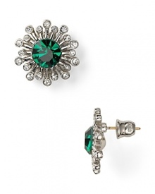 Decorated in shimmering silver with facetted emerald-colored crystals, ABS by Allen Schwartz star burst studs will put you straight in the spotlight. Decorated in shimmering silver with facetted emerald-colored crystals, ABS by Allen Schwartz star burst studs will put you straight in the spotlight.