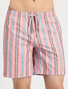 Be ready to hit the beach and beyond in these crisp, striped swim trunks, set in quick-drying nylon.Drawstring waistZip flySide slash, back welt pocketsFully linedInseam, about 766% cotton/34% nylonMachine washImported