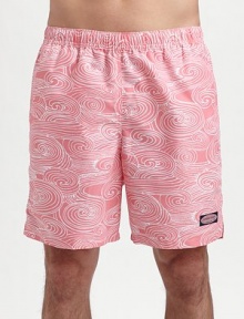 An eye-catching swirling pattern lends modern style to an easy-fitting swim favorite. Elastic waist with internal drawstring Side slash, back patch pockets Mesh lining Inseam, about 7 Polyester Machine wash Imported An eye-catching swirling pattern lends modern style to an easy-fitting swim favorite. Elastic waist with internal drawstring Side slash, back patch pockets Mesh lining Inseam, about 7 Polyester Machine wash Imported