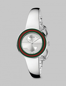 From the U-Play Collection. This streamlined stainless steel timepiece features a bezel of iconic stripes.Quartz movement Water resistant to 3 ATM Green and red bezel Round stainless steel case, 27mm, (1.06) Silver dial Anti-reflective coating Stainless steel bangle bracelet Jewelry clasp closure Made in Switzerland From the U-Play Collection. This streamlined stainless steel timepiece features a bezel of iconic stripes.Quartz movement Water resistant to 3 ATM Green and red bezel Round stainless steel case, 27mm, (1.06) Silver dial Anti-reflective coating Stainless steel bangle bracelet Jewelry clasp closure Made in Switzerland