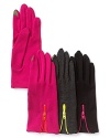 Touch screen compatible fingertips and a contrasting colored zipper accent these stretchy, hand-hugging gloves from Echo.