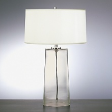 Table lamp with clear glass base. White organza fabric shade with self fabric top and bottom diffuser. Three way switch. Table lamp with clear glass base. White organza fabric shade with self fabric top and bottom diffuser. Three way switch.