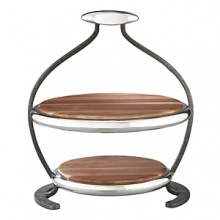 Anything you can serve up on this two-tiered number is sure to look irresistible. In a sophisticated marriage of metal alloy and warm wood, with arcing supports that make for easy lifting and an eye-catching silhouette. Anything you can serve up on this two-tiered number is sure to look irresistible. In a sophisticated marriage of metal alloy and warm wood, with arcing supports that make for easy lifting and an eye-catching silhouette.