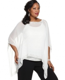 A semi-sheer caftan with beaded trim and a beautiful, billowing silhouette is a spellbinding plus size look for a special occasion. Adrianna Papell's evening set includes a matching beaded cami for a truly unique ensemble. A semi-sheer caftan with beaded trim and a beautiful, billowing silhouette is a spellbinding plus size look for a special occasion. Adrianna Papell's evening set includes a matching beaded cami for a truly unique ensemble.