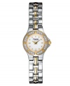 Dress to impress: this pretty watch from Caravelle by Bulova features a silvertone mixed metal bracelet and round case with goldtone accents. Sparkling crystal and goldtone bezel. White dial with logo and goldtone circle markers. Quartz movement. Water resistant to 30 meters. Three-year limited warranty.