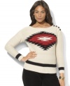 Lauren Ralph Lauren's plus size soft knit sweater is crafted with a Southwestern-inspired pattern at the front and rustic buttons at the shoulder.