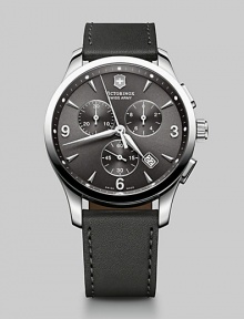 A signature timepiece with refined style, with three-eye chronograph function, luminous hands and anti-reflective sapphire crystal set in a stainless steel case with a leather strap bracelet.Chronograph movementRound bezelWater resistant to 10ATMDate display at 5 o'clock Second handStainless steel case: 42mm(1.65)Leather braceletMade in Switzerland A signature timepiece with refined style, with three-eye chronograph function, luminous hands and anti-reflective sapphire crystal set in a stainless steel case with a leather strap bracelet.Chronograph movementRound bezelWater resistant to 10ATMDate display at 5 o'clock Second handStainless steel case: 42mm(1.65)Leather braceletMade in Switzerland