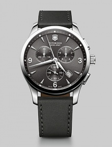 A signature timepiece with refined style, with three-eye chronograph function, luminous hands and anti-reflective sapphire crystal set in a stainless steel case with a leather strap bracelet.Chronograph movementRound bezelWater resistant to 10ATMDate display at 5 o'clock Second handStainless steel case: 42mm(1.65)Leather braceletMade in Switzerland