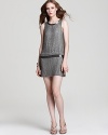 Flaunt straight up party style in sequin-striped Parker dress, cut with a deep scoop back for an alluring element that's complemented by a chic drop waistline.