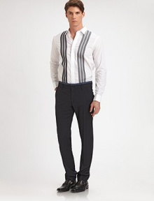 Classic-fit pant in lightweight virgin wool with check print waistband trim for an unexpected twist.Zip closureFront slash, back welt pocketsInseam, about 31WoolDry cleanMade in Italy