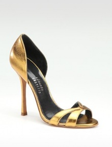 Metallic leather design has a substantial heel and leather straps that delicately transcend over the toes. Self-covered heel, 4¼ (110mm) Metallic leather upper Leather lining and sole Padded insole Made in ItalyOUR FIT MODEL RECOMMENDS ordering one half size down as this style runs large. Metallic leather design has a substantial heel and leather straps that delicately transcend over the toes. Self-covered heel, 4¼ (110mm) Metallic leather upper Leather lining and sole Padded insole Made in ItalyOUR FIT MODEL RECOMMENDS ordering one half size down as this style runs large.
