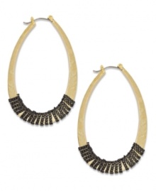Industrial chic. Thin hematite tone chains wrapped around an oval hoop setting exude modernity on this trendy Alfani earrings style. Set in gold tone mixed metal. Approximate diameter: 2-3/8 inches. Industrial chic. Thin hematite tone chains wrapped around an oval hoop setting exude modernity on this trendy Alfani earrings style. Set in gold tone mixed metal. Approximate diameter: 2-3/8 inches.