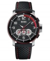 A rugged sports watch with city-smart style, from Hugo Boss. Black perforated rubber strap with contrast stitching. Silvertone stainless steel round case. Black carbon fiber chronograph dial with red accent, three subdials, logo and numerical indices. Quartz movement. Water resistant to 50 meters. Two-year limited warranty.