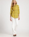Crisp cotton, printed in a colorful exploded check pattern.Shirt collarButton placketThree-quarter sleeves with button cuffsGathered detailCurved hemlineAbout 28 from shoulder to hemCottonMachine washImportedModel shown is 5'10½ wearing US size Small. 