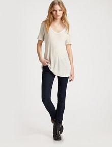 Inspired by your boyfriend's favorite t-shirt, this lengthy v-neck has dropped shoulders and a touch of silk. Rounded v-neckDropped shouldersShort sleevesLonger length hits below the hips63% rayon/37% silkHand washImportedModel shown is 5'9½ (176cm) wearing US size Small. Inspired by your boyfriend's favorite t-shirt, this lengthy v-neck has dropped shoulders and a touch of silk. Rounded v-neckDropped shouldersShort sleevesLonger length hits below the hips63% rayon/37% silkHand washImportedModel shown is 5'9½ (176cm) wearing US size Small.