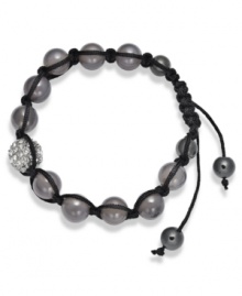 Spiritual-inspired bracelets are all the rage this season! Snap up this hot style from Ali Khan featuring semi-precious grey agate beads and pave glass fireballs on a trendy black cord. Bracelet adjusts to fit the wrist. Approximate diameter: 2 inches. Approximate length: 12-1/4 inches. Spiritual-inspired bracelets are all the rage this season! Snap up this hot style from Ali Khan featuring semi-precious grey agate beads and pave glass fireballs on a trendy black cord. Bracelet adjusts to fit the wrist. Approximate diameter: 2 inches. Approximate length: 12-1/4 inches.