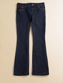 A classic flared silhouette is lightly faded for a subtle vintage look.Front button closureAdjustable waistband with button tabs and belt loopsZip flyFive-pocket stylingFlared hem99% cotton/1% elastaneMachine washImported A classic flared silhouette is lightly faded for a subtle vintage look.Front button closureAdjustable waistband with button tabs and belt loopsZip flyFive-pocket stylingFlared hem99% cotton/1% elastaneMachine washImported