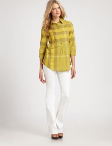 Crisp cotton, printed in a colorful exploded check pattern.Shirt collarButton placketThree-quarter sleeves with button cuffsGathered detailCurved hemlineAbout 28 from shoulder to hemCottonMachine washImportedModel shown is 5'10½ wearing US size Small. Crisp cotton, printed in a colorful exploded check pattern.Shirt collarButton placketThree-quarter sleeves with button cuffsGathered detailCurved hemlineAbout 28 from shoulder to hemCottonMachine washImportedModel shown is 5'10½ wearing US size Small.