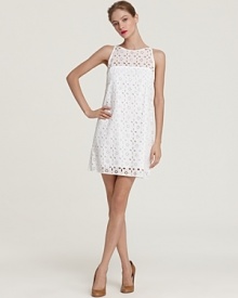 A '60s-inspired shift silhouette brings retro-chic to this ultra-femme Milly eyelet dress. A '60s-inspired shift silhouette brings retro-chic to this ultra-femme Milly eyelet dress.