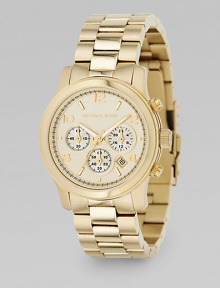 Attractive three-link sports watch in stainless steel with a goldtone finish. Round goldtone stainless steel case, 38mm (1.5) Smooth bezel Chronograph movement Arabic display Imported Attractive three-link sports watch in stainless steel with a goldtone finish. Round goldtone stainless steel case, 38mm (1.5) Smooth bezel Chronograph movement Arabic display Imported
