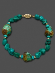 Gorgeously rough around the edges. Turquoise chips (6-7 mm) align for a naturally beautiful effect in this bracelet crafted in 14k gold. Approximate length: 7-1/2 inches. Gorgeously rough around the edges. Turquoise chips (6-7 mm) align for a naturally beautiful effect in this bracelet crafted in 14k gold. Approximate length: 7-1/2 inches.