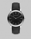 A super-slim black dial with sapphire crystal detail on a smooth leather strap. Round bezel Quartz movement Water resistant to 3 ATM Stainless steel case: 40mm (1.57) Leather strap: 20mm (0.79) Made in Switzerland 