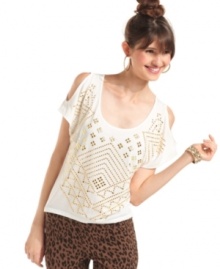 Metallic studs create the coolest tribal design on this shoulder cutout tee from Almost Famous! Metallic studs create the coolest tribal design on this shoulder cutout tee from Almost Famous!