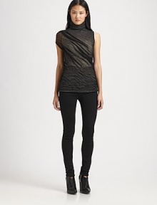 Draped sheer layer gives this soft sleeveless knit a mysterious edge. TurtleneckSingle sheer cap sleeveSheer knit overlay50% cotton/44% wool/5% nylon/1% LycraDry cleanMade in ItalyModel shown is 5'10 (177cm) wearing US size X-Small/Small. Draped sheer layer gives this soft sleeveless knit a mysterious edge. TurtleneckSingle sheer cap sleeveSheer knit overlay50% cotton/44% wool/5% nylon/1% LycraDry cleanMade in ItalyModel shown is 5'10 (177cm) wearing US size X-Small/Small.