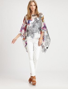Feminine silk boatneck in a vivid butterfly print with long kimono sleeves and contrasting lace trim. BoatneckLong kimono sleevesLace trim on backAbout 25 from shoulder to hemSilkDry cleanMade in USA of Italian fabricModel shown is 5'10 (177cm) wearing US size XSmall/Small. Feminine silk boatneck in a vivid butterfly print with long kimono sleeves and contrasting lace trim. BoatneckLong kimono sleevesLace trim on backAbout 25 from shoulder to hemSilkDry cleanMade in USA of Italian fabricModel shown is 5'10 (177cm) wearing US size XSmall/Small.