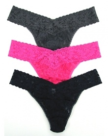 A soft stretchy lace original style thong with a thick signature lace waistband. A soft stretchy lace original style thong with a thick signature lace waistband.