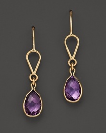 Bezeled amethyst teardrops, framed in 14K yellow gold. Bezeled amethyst teardrops, framed in 14K yellow gold.