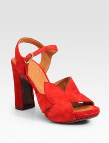 Vibrant suede with flower-inspired straps and a peep toe. Self-covered heel, 4 (100mm)Island platform, 1 (25mm)Compares to a 3 heel (75mm)Suede upperLeather liningLeather and rubber solePadded insoleImportedOUR FIT MODEL RECOMMENDS ordering one half size up as this style runs small. Vibrant suede with flower-inspired straps and a peep toe. Self-covered heel, 4 (100mm)Island platform, 1 (25mm)Compares to a 3 heel (75mm)Suede upperLeather liningLeather and rubber solePadded insoleImportedOUR FIT MODEL RECOMMENDS ordering one half size up as this style runs small.