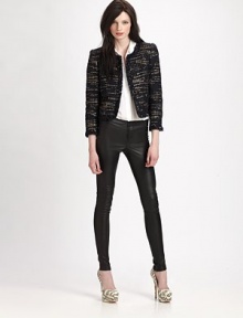 Super-stretch leather fits like a second skin, finished with exposed zippers for a contemporary edge.Pull-on styleInseam, about 32LeatherDry clean by a leather specialistImportedModel shown is 5'10 (177cm) wearing US size 2. Super-stretch leather fits like a second skin, finished with exposed zippers for a contemporary edge.Pull-on styleInseam, about 32LeatherDry clean by a leather specialistImportedModel shown is 5'10 (177cm) wearing US size 2.