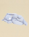 Soft velboa with pastel stripe jersey knit union suit body is perfect for snuggling. Matching stocking cap Embroidered eyes Long fuzzy soft ears Polyester fill 22 L Machine wash Imported Recommended for infants and up