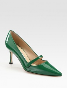 Patent leather point toe design with a Mary Jane strap and skinny kitten heel. Self-covered heel, 2¾ (70mm)Patent leather upperLeather liningBuffed leather solePadded insoleMade in ItalyOUR FIT MODEL RECOMMENDS ordering one half size up as this style runs small. 