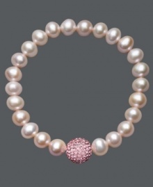 A traditional design receives a sparkling touch. Cultured freshwater pearls (8-9 mm) in shimmery pink hues adorn this chic stretch bracelet, while a pink crystal fireball adds extra glamour. Approximate diameter: 3-1/2 inches. A traditional design receives a sparkling touch. Cultured freshwater pearls (8-9 mm) in shimmery pink hues adorn this chic stretch bracelet, while a pink crystal fireball adds extra glamour. Approximate diameter: 3-1/2 inches.