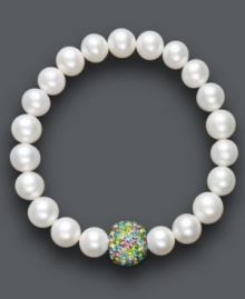 A traditional design receives a sparkling touch. Cultured freshwater pearls (8-9 mm) in shimmery white hues adorn this chic stretch bracelet, while a multicolored crystal fireball adds extra glamour. Approximate diameter: 3-1/2 inches. A traditional design receives a sparkling touch. Cultured freshwater pearls (8-9 mm) in shimmery white hues adorn this chic stretch bracelet, while a multicolored crystal fireball adds extra glamour. Approximate diameter: 3-1/2 inches.