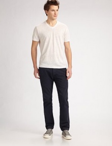 A classic straight-leg fit sits squarely on the hips with a regular rise and casual, anti-fit. A casual way to wear classic pinstripes, cut with a slimmer, slightly tapered silhouette in fabric-dyed cotton canvas chino. Button fly Side slash, back flap pockets Inseam, about 34 Cotton Machine wash Imported A classic straight-leg fit sits squarely on the hips with a regular rise and casual, anti-fit. A casual way to wear classic pinstripes, cut with a slimmer, slightly tapered silhouette in fabric-dyed cotton canvas chino. Button fly Side slash, back flap pockets Inseam, about 34 Cotton Machine wash Imported