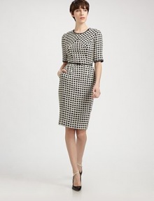 Finespun wool tweed, woven in a sharp houndstooth pattern and cinched at the waist with a delicate, slender belt.Jewel necklineElbow-length sleevesContrast pipingIncluded beltConcealed back zipSilk liningAbout 25 from natural waist97% wool/3% elastaneDry cleanMade in USA of imported fabricModel shown is 5'10 (177cm) wearing US size 4. Finespun wool tweed, woven in a sharp houndstooth pattern and cinched at the waist with a delicate, slender belt.Jewel necklineElbow-length sleevesContrast pipingIncluded beltConcealed back zipSilk liningAbout 25 from natural waist97% wool/3% elastaneDry cleanMade in USA of imported fabricModel shown is 5'10 (177cm) wearing US size 4.