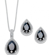 Combined elegance. This matching pendant and stud earrings set feature beautiful, pear-cut onyx gemstones (4-1/5 ct. t.w.) encircled by diamond accents. Set in sterling silver. Approximate necklace length: 18 inches. Approximate drop: 7/8 inch. Approximate earring diameter: 1/2 inch.