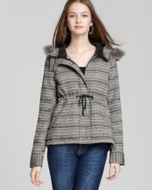 Bring effortless contemporary style to your weekend with this Aqua hooded jacket in a unique patterned jacquard. Bring effortless contemporary style to your weekend with this Aqua hooded jacket in a unique patterned jacquard.